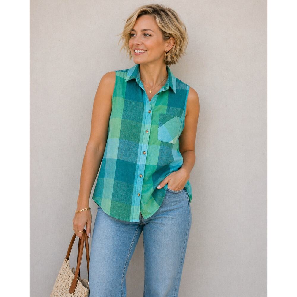 Time and Tru Blue Green Plaid Sleeveless Button Up Linen Blend Top M (8-10)